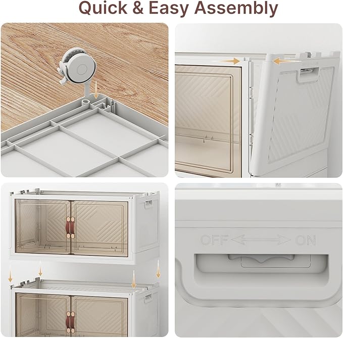 1280Qt Stackable Storage Bins with Lids, 8 Pack Large Collapsible Bins with Wheels, Plastic Cabinet with Doors, Foldable Closet Organizers and Storage for Home, Dorm, Office, White