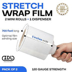 IDL Packaging 5" Stretch Wrap Mini Roll, 700 feet, 120 Gauge (Pack of 2) with a Plastic Handle Included – Industrial Grade Clear Plastic Wrap – Improved Protection for Packing, Moving, or Office