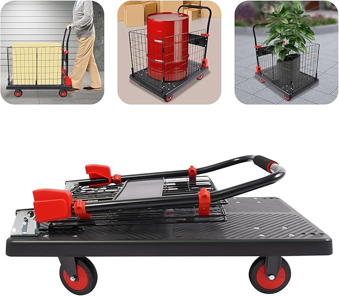 Heavy Duty Foldable Hand Truck, 660 LBS Capacity Heavy Duty Folding Cart, Removable Mesh Cage & Platform Cart, for Commercial Warehouse, Office, Yard