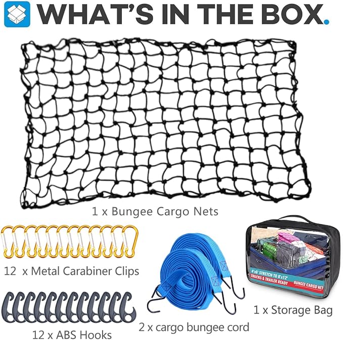 Bungee Cargo Net 4' x 6' Stretchable to 8' x 12' for Pickup Truck Bed Trailer Luggage Net Heavy Duty Tie-Down Mesh with 12 Pcs Hooks and Metal Carabiner Clips