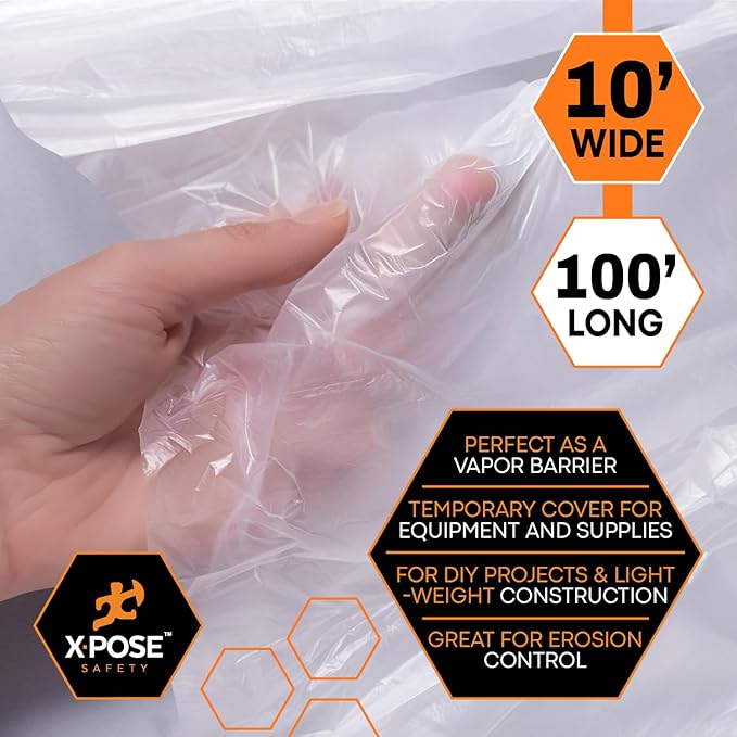 Xpose Safety Clear Plastic Sheeting – 10' x 100' Roll – Heavy Duty 4 Mil Poly Sheet – Waterproof, Dustproof, Vapor Barrier – for Construction, Painting, Industrial Use