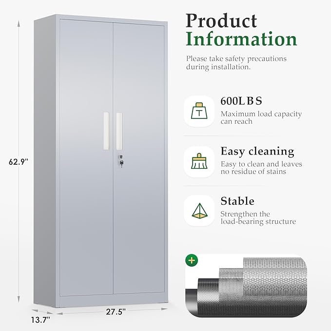 Crownland 63" Metal Storage Cabinet, Lockable Garage Storage Cabinets, High Office Cabinet with Adjustable Shelves for Garage, Home Office, Pantry, File(Cement Grey)