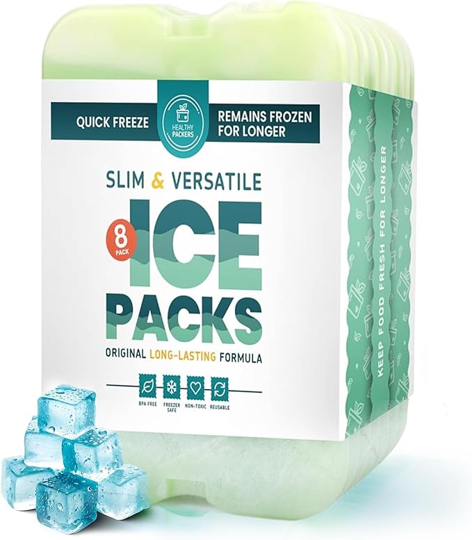 Healthy Packers Reusable Ice Packs for Lunch Boxes - Long Lasting Slim Freezer Packs, Thin Non-Toxic BPA-Free Hard Gel Ice Blocks for Coolers, Kids & Adults Lunch Bags, Travel, Camping, Food Storage