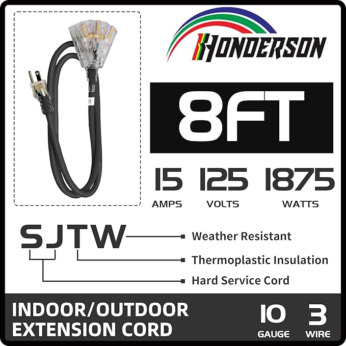 3-Outlets Indoor Outdoor Extension Cord Weatherproof with Lighted End, UL Listed, 10 Gauge 8FT Black 3 Prong Heavy Duty, 10/3 SJTW 15A Power Cord