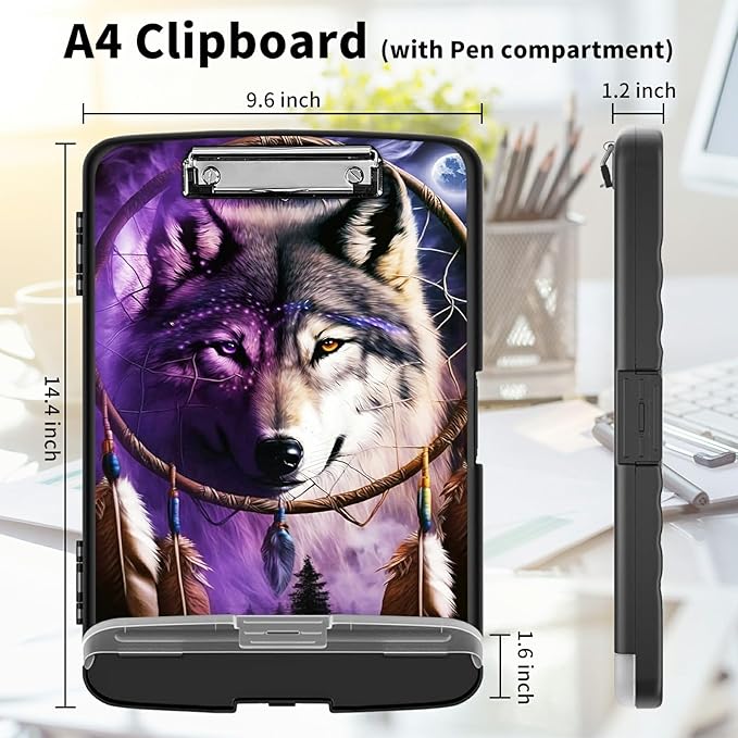 Clipboard with Storage High Capacity Plastic Nursing Clipboards with Pen Holder File Folder Storage Box Clipboard with Heavy Duty Clips for Teacher,Doctor,Offices-Dream Catcher Wolfs