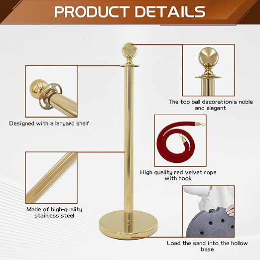 Red Carpet Ropes and Poles, Stanchions and Velvet Ropes, 5ft Stanchion Rope, Gold Stanchions Used for Hotel, Party, Wedding, Exhibition