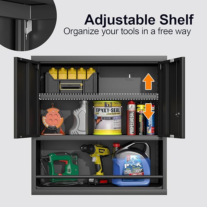 GREATMEET Garage Wall Cabinet, Metal Garage Storage Cabinets, Locking Utility Cabinet, Hanging Cabinets for Wall, Wall-Mounted Garage Cabinets, Black