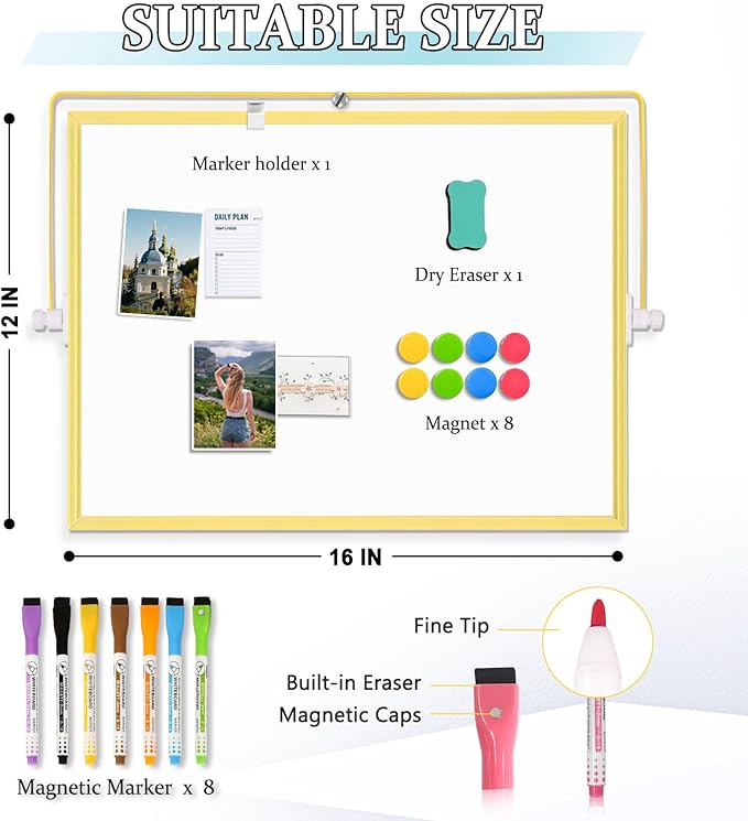 Magnetic Dry Erase White Board, 16" x 12" Double-Sided Golden Aluminum Frame Desktop Whiteboard with Stand, Portable Small Whiteboard Set for Drawing, Office, Home, School