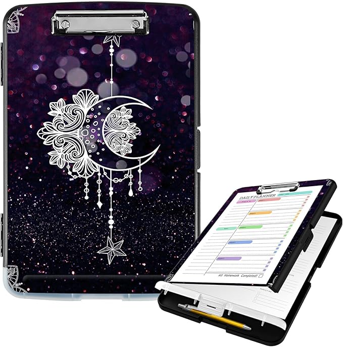 Clipboard with Storage High Capacity Plastic Nursing Clipboards with Pen Holder File Folder Storage Box Clipboard with Heavy Duty Clips for Teacher,Doctor,Offices-Moon Star Galaxy Florals