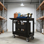 2-Tier Rolling Tool Cart,Heavy-Duty Plastic Service Cart with Lipped Shelves,550 lbs Capacity Utility Cart,40 x 17 Inch Rolling Work Carts for Garage,Salon,Kitchen,Office-Black