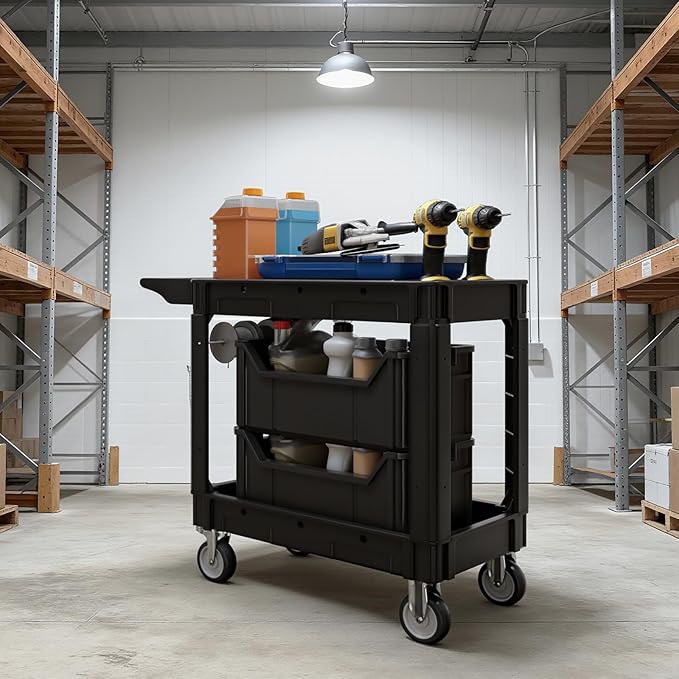 2-Tier Rolling Tool Cart,Heavy-Duty Plastic Service Cart with Lipped Shelves,550 lbs Capacity Utility Cart,40 x 17 Inch Rolling Work Carts for Garage,Salon,Kitchen,Office-Black