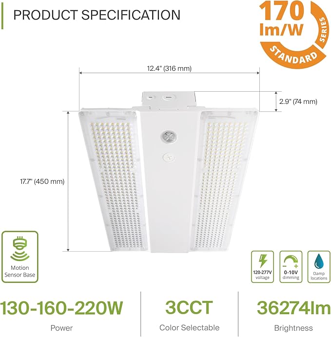 ASD LED Linear High Bay Light Fixture, Commercial Shop Lighting | 3CCT, Dimmable, Power Adjustable, DLC Premium, UL Listed | 220W 36000LM 3500-5000K 100-277V | Warehouse, Garage, Workshop Lamp | White