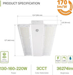 ASD LED Linear High Bay Light Fixture, Commercial Shop Lighting | 3CCT, Dimmable, Power Adjustable, DLC Premium, UL Listed | 220W 36000LM 3500-5000K 100-277V | Warehouse, Garage, Workshop Lamp | White