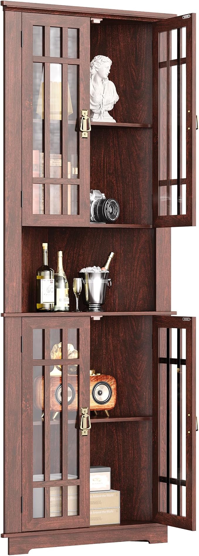 IRONCK Corner Cabinet, 71" H Tall Corner Storage Cabinet with 4 Glass Doors and 5 Shelves, Home Space Saver for Bathroom, Living Room, Mid Century Design, Red Walnut