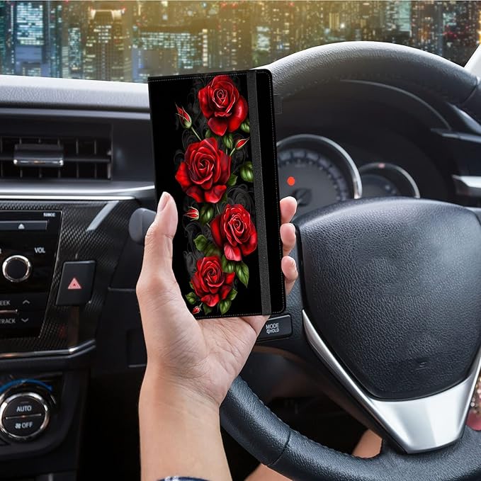 Car Registration and Insurance Holder,Leather Vehicle Glove Box Organizer Wallet for Document,Perfect for any Car,Truck,Motorcycle,Driver License,Trailer or Boat,Men & Women,Red Roses Flowers