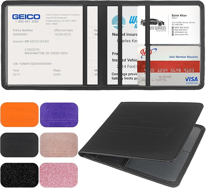 Car Registration and Insurance Holder, Leather Registration and Insurance Card Holder, Vehicle Glove Box Organizer - For Documents, Cards, License (Black)