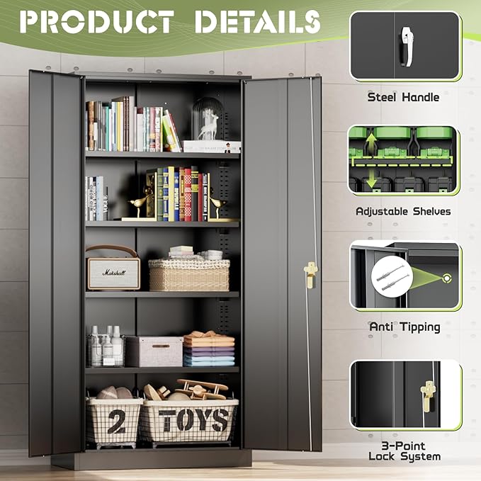 Crownland 72" Lockable Metal Storage Cabinet, Garage Storage Cabinets, High Office Cabinet with Adjustable Shelves for Home Office, Pantry,Garage, File(Balck)
