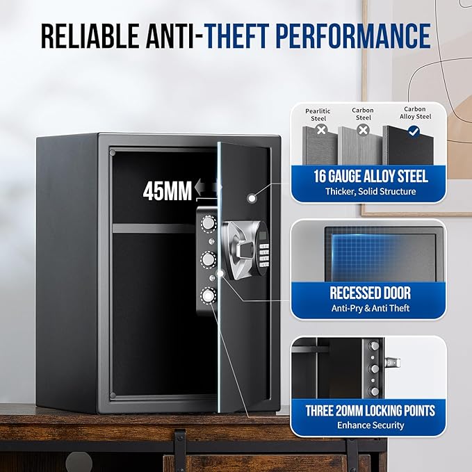 BlackSmith Large Home Safe Box 2.0 Cub Biometric Safe Fingerprint Recogntion Lock Box with Removable Shelf LED Light Fireproof Bag Wall Mount Cabinet Safe for Home Office Hotel, Black