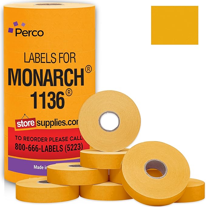 Perco Florescent Orange Pricing Labels for Monarch 1136 Price Gun - 8 Rolls, 14,000 Pricemarking Labels - with Bonus Ink Roll