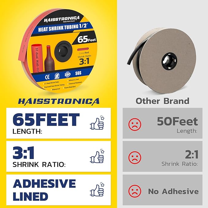haisstronica 3:1 Heat Shrink Tubing, Shrink Ratio Adhesive Lined Marine Grade Heat Shrink Tube for Home, Automotive and Industrial (Red) 65FT 1/2inch