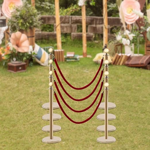 8 PCS Gold Stanchion Posts Queue, Crowd Control Stanchion with 5 Feet Velvet Ropes, Red Carpet Safety Barrier for Party Supplies