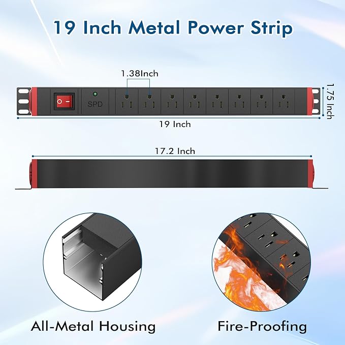 8 Outlet Rack Mount PDU Power Strip, SPD, 1200J Surge Protection & 15A Overload Switch, 360° Rotating Mounting,Fits 19'' Network Server Rack, 5FT Coiled Cord, 1U RackMount