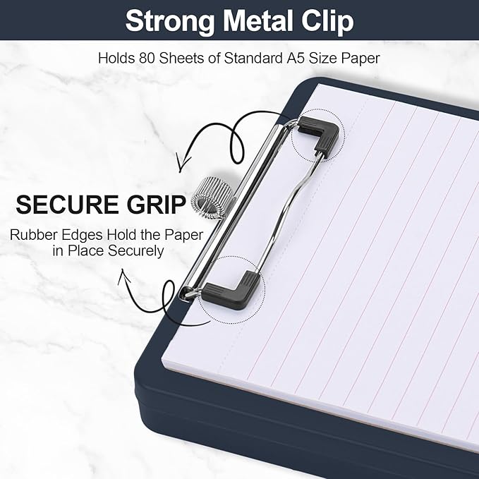 Small Clipboard with Storage, A5 Clipboards with Pen Holder, Half Letter Clip Boards 6x9 Mini Plastic Clipboard with Low Profile Clip for Classroom, School, Office Supplies (Navy)