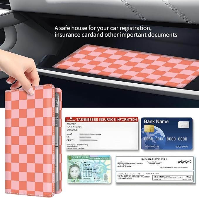 Premium Car Registration and Insurance Card Holder, Cute PU Leather Car Document Holder, Vehicle Glove Box Car Organizer with Magnetic Closure for Driver License, Cards Red Checkerboard