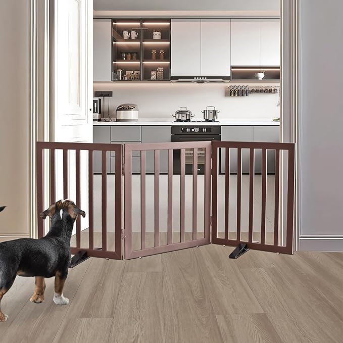 ZJSF Freestanding Indoor Dog Gate for House Foldable Wood Puppy Gate for Doorways Pet Gate for Stairs Extra Wide Pet Fence, Brown, 24" Height 3 Panels