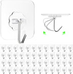 ZESLMG Adhesive Wall Hooks for Hanging, 48 Pack Self Sticky Hooks Heavy Duty 22lb Clear, Removable Shower Hook No Damage for Towel Key Coat Wreath Picture Outdoor Ceiling Bathroom Kitchen, Waterproof