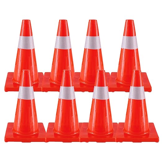 Traffic Safety Cones 18 Inch 8 Pack - Orange Road Parking Cones with Reflective Collars, Heavy Duty PVC Construction Cone Structurally Stable for Road Parking, Traffic Control, Driveway