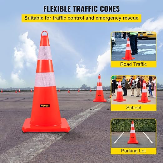 VEVOR Safety Cones, 6 x 28" Traffic Cones, PVC Orange Construction Cones, 2 Reflective Collars Traffic Cones with Weighted Base and Hand-Held Ring Used for Traffic Control, Driveway Road Parking