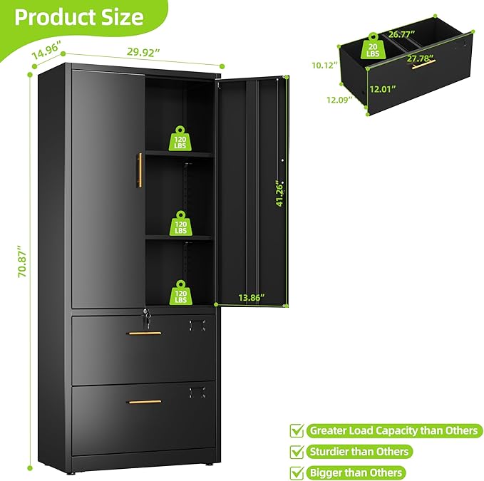 2 Drawer Lateral File Cabinet with Adjustable Shelves and Handles,Metal Filing Cabinet with Drawers and Keys for Home,Office,School,Fits A4/Letter/Legal Size Folders,Assemble Required,Black