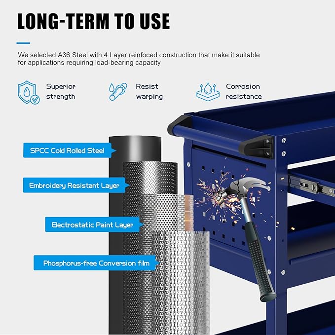 3 Tier Rolling Tool Cart On Wheels, Heavy-Duty Utility cart Service Cart with Locked Drawers for Garage, Warehouse, Repair Shop, Workshop