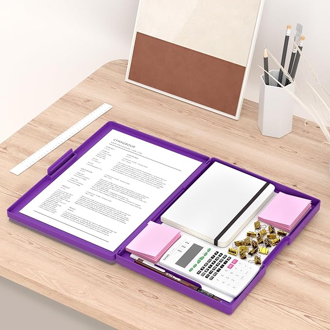 Rimilak Plastic Clipboard with Storage, Side Opening with 2 Compartment, Size 13.3 x 9.4 x 1.5 Heavy Duty High Capacity Nursing Box for Work School & Office Supplies, Dark Purple