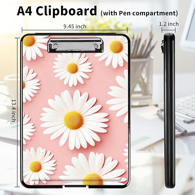 A4 Clipboards,Heavy Duty Waterproof Nursing Plastic Folder Clipboard with Storage Clip Boards,File Folder Storage Box Clipboard Case for Teacher,Doctor,Offices,Pink Daisy