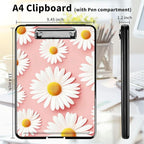 A4 Clipboards,Heavy Duty Waterproof Nursing Plastic Folder Clipboard with Storage Clip Boards,File Folder Storage Box Clipboard Case for Teacher,Doctor,Offices,Pink Daisy