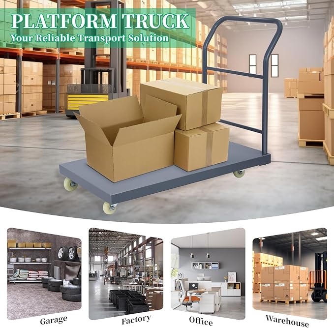 Heavy Duty Flatbed Cart 36"x24" Platform Truck, 2000 lbs Capacity Steel Hand Truck with 4 Swivel Wheels, Industrial Utility Push Cart for Warehouse, Garage, and Moving Supplies