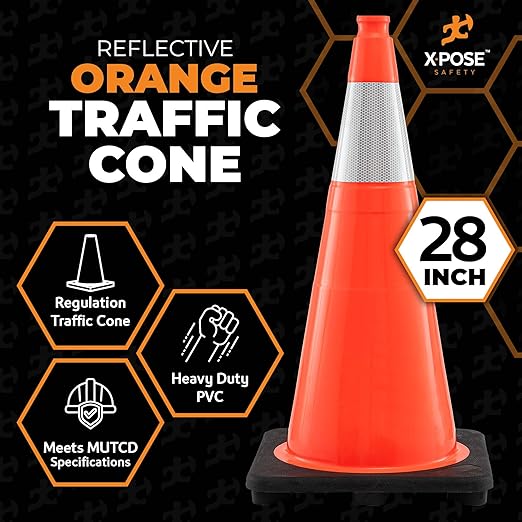 Xpose Safety 28 Inch Orange Traffic Cones with 6" Collar - 48 Pack Multipurpose PVC Plastic Safety Cone for Parking, Soccer, Caution, Kids and Construction - DOT Approved