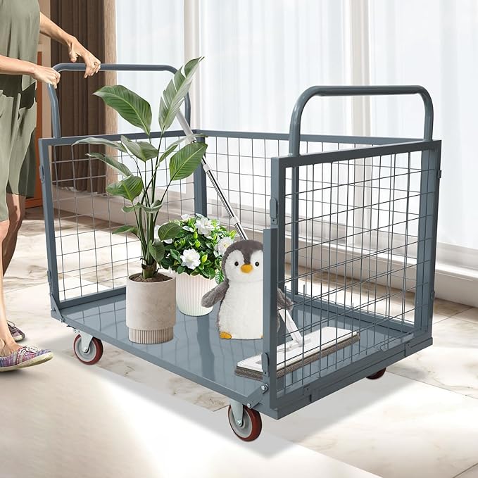 Platform Truck Cart with Cage 2200 lbs, 5-in-1 Folding Hand Truck with Wheels, Convertible Warehouse Cart for Utility, Moving - Heavy Duty Flatbed Carts for Grocery, Laundry, Shelving, Pantry, Grey