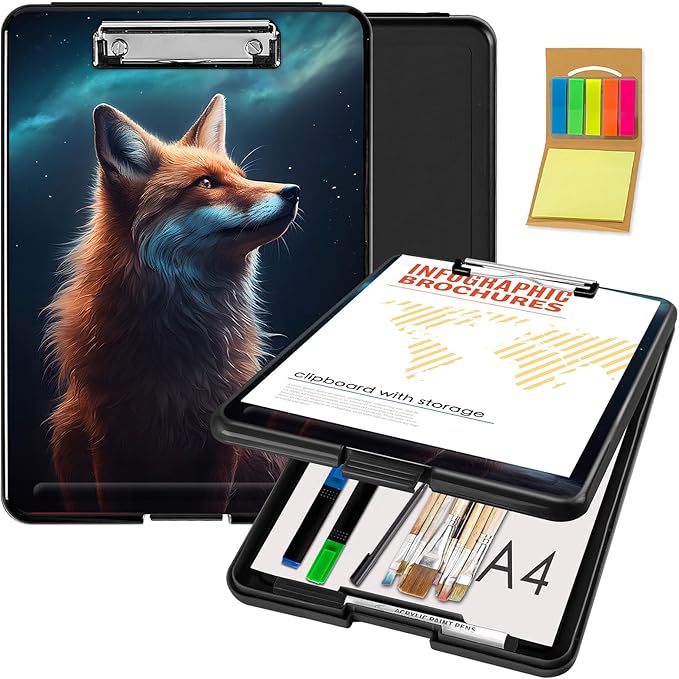 Clipboard with Storage,Office Supplies Nursing Clipboards Folder with Pen Holder Plastic Foldable Clip Board with Storage for Nurse Teacher,Galaxy Fox