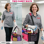 Extra large Cleaning Caddy Bag Built-in Sturdy Support Board, Cleaning Organizer with Detachable Divider, Cleaning Supply Tote with Adjustable Shoulder Strap (Pink, 19'' x 11'' x 11'')