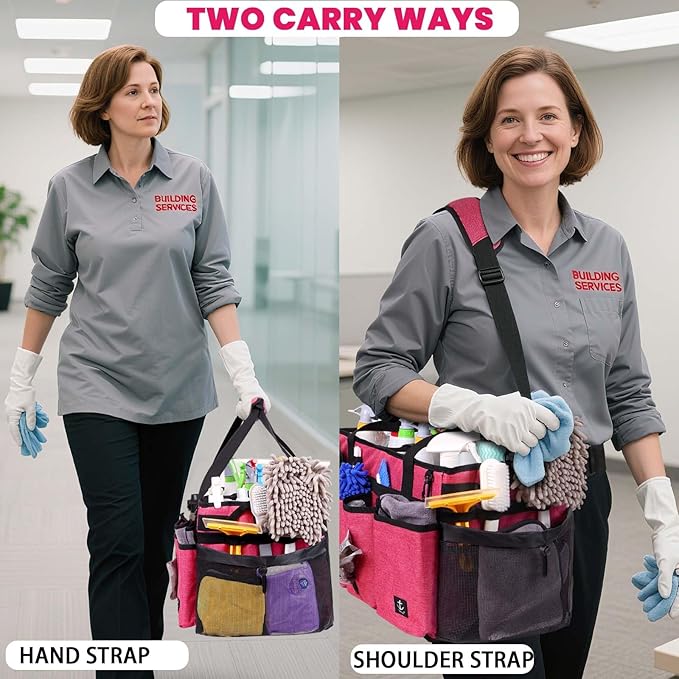Extra large Cleaning Caddy Bag Built-in Sturdy Support Board, Cleaning Organizer with Detachable Divider, Cleaning Supply Tote with Adjustable Shoulder Strap (Pink, 19'' x 11'' x 11'')