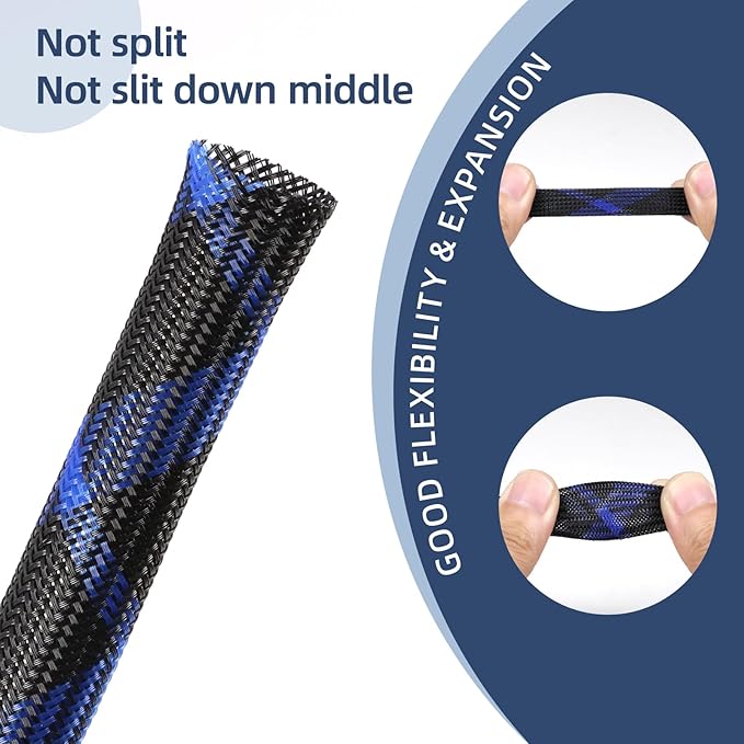 Expandable Braided Sleeving, PET Automotive Wire Loom, Flexible Cable Management for Audio Video and Other Home Device, Cord Protector from Pets (Black Blue, 1" x 25ft)