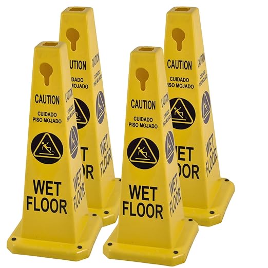 BESEA Caution Wet Floor Signs 4Pack Heavy Duty Caution Cones to Avoid Slipping When Wet Sign, Yellow 4 Sides Bilingual Printing Avoid Fall Slip Accident for Indoors&Outdoors