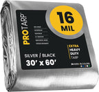 PROTARP Extra Heavy Duty 16 Mil Tarp Cover, Waterproof, UV Resistant, Rip and Tear Proof, Poly Tarpaulin with Reinforced Edges for Roof, Camping, Patio, Pool, Boat. (Silver/Black 30′ X 60′)