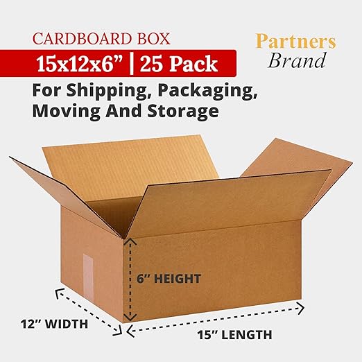 Partners Brand 15 x 12 x 6 Corrugated Cardboard Boxes, 15"L x 12"W x 6"H, Pack of , 25 | Shipping, Packaging, Moving, Storage Box for Business, Strong Wholesale Bulk Boxes 15126