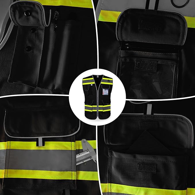 TCCFCCT Safety Vest for Men Women 9 Pockets High Visibility Vest with Fluorescent Yellow Extend Edge, Reflective Work Vest for Surveyor, Durable & Breathable, Meets ANSI/ISEA, (DB-Black, Large)