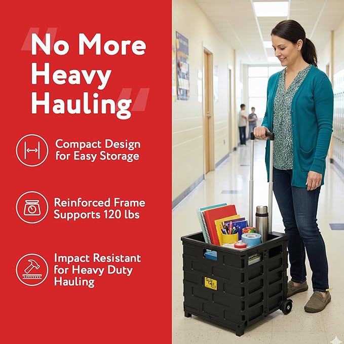 dbest products Quik Cart Pro Wheeled Rolling Crate Teacher Utility with seat Heavy Duty Collapsible Basket with Handle, Black