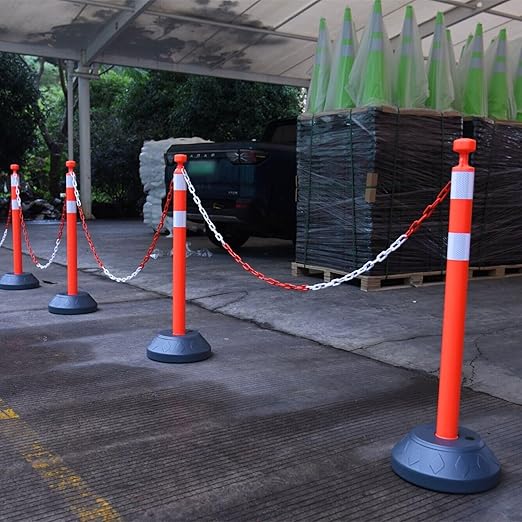 6 Pack Traffic Delineator Post Cones with Plastic Chain Crowd Control Barriers - Expandable 40" Traffic Control Cones, 6 x 6.6 Ft Chains for Indoor & Outdoor Use (Red-Water Filled Base)